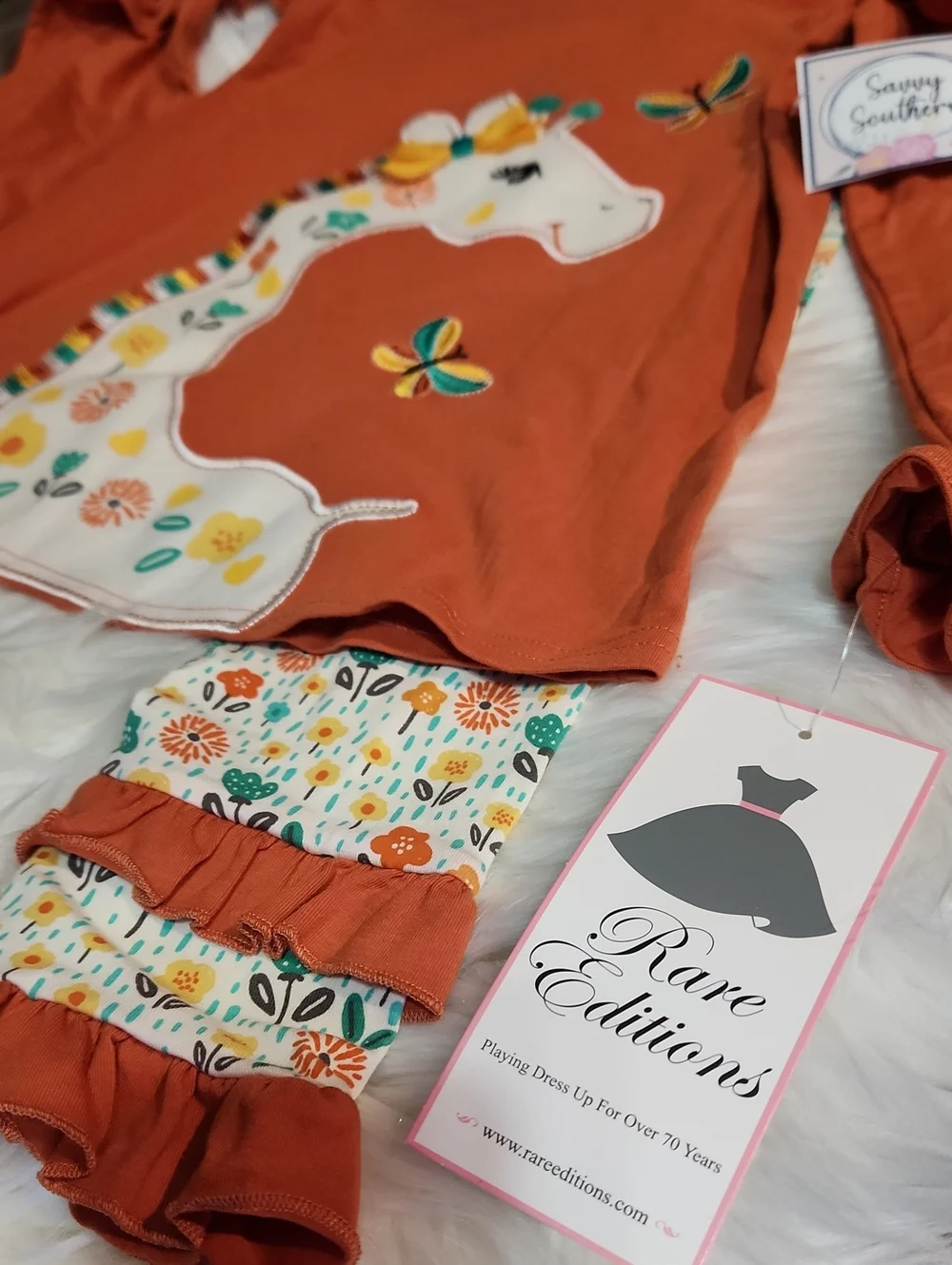Rare Editions Rust Giraffe Ruffle Top & Printed Leggings - Girls Size: 6